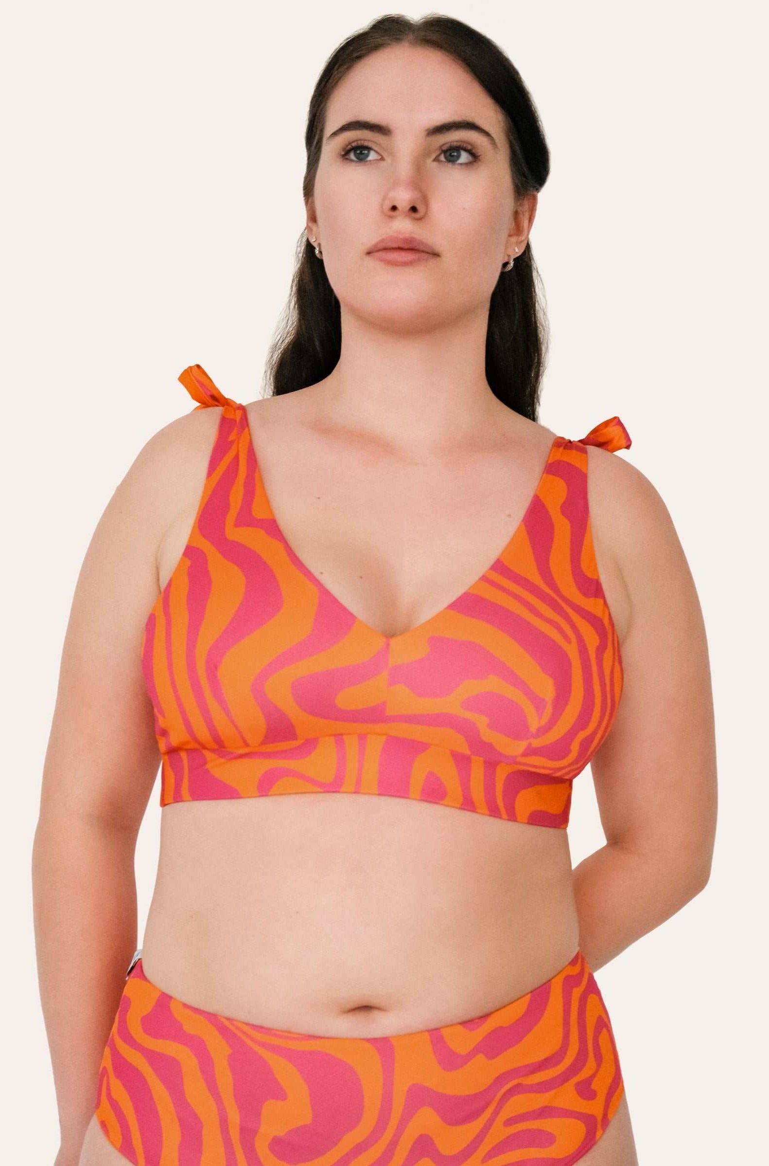 Reversible Bustier Bikini Top - Orange / Pink Waves - SEASICK SWIM
