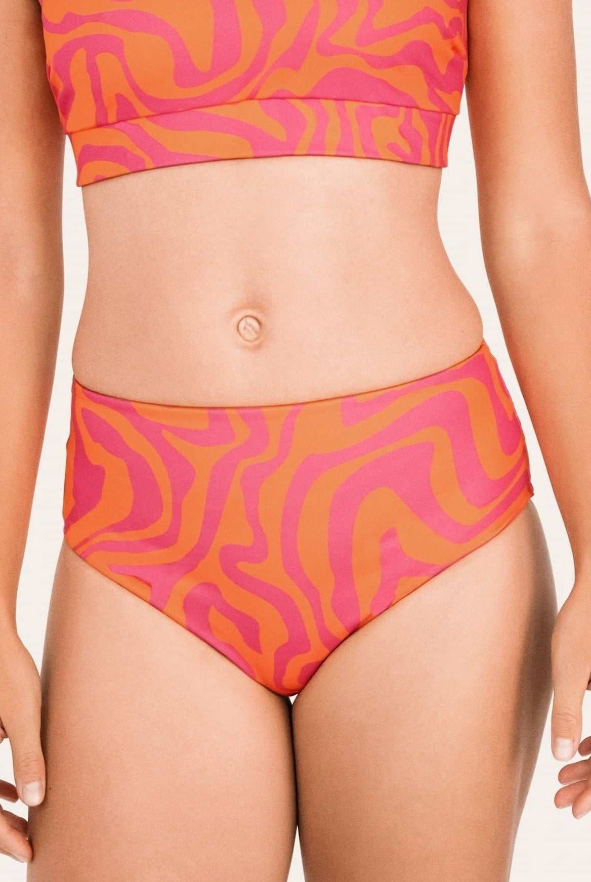Reversible High Waist Bikini Bottom - Orange / Pink Waves - SEASICK SWIM